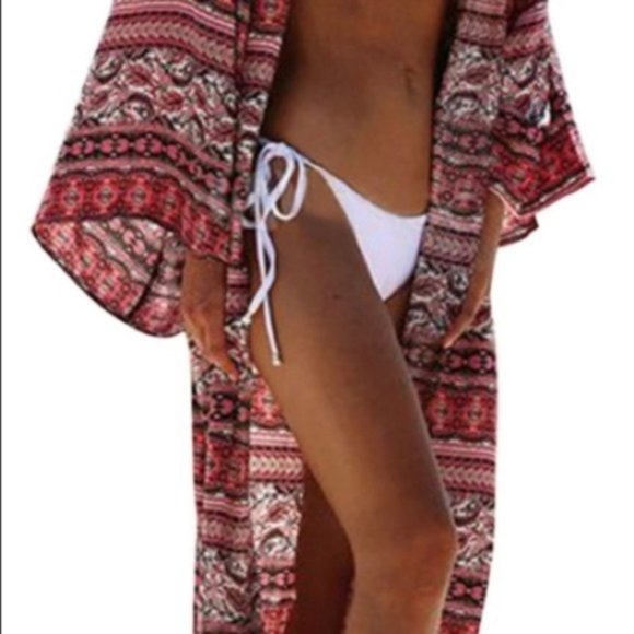 5⭐️ Red Boho Print Swim Coverup Open Front OS - Picture 3 of 8